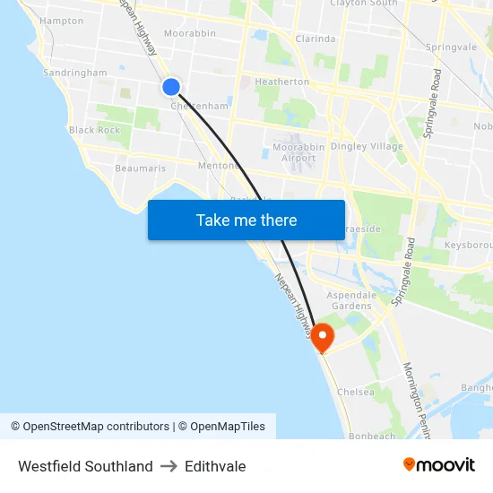 Westfield Southland to Edithvale map