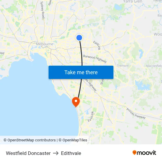 Westfield Doncaster to Edithvale map