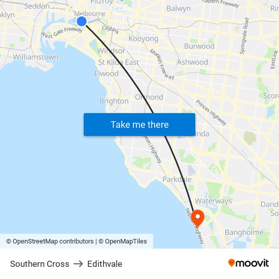 Southern Cross to Edithvale map