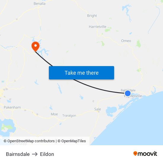 Bairnsdale to Eildon map