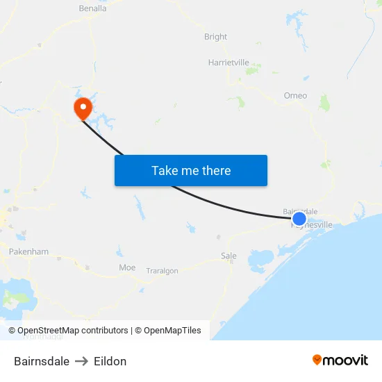 Bairnsdale to Eildon map