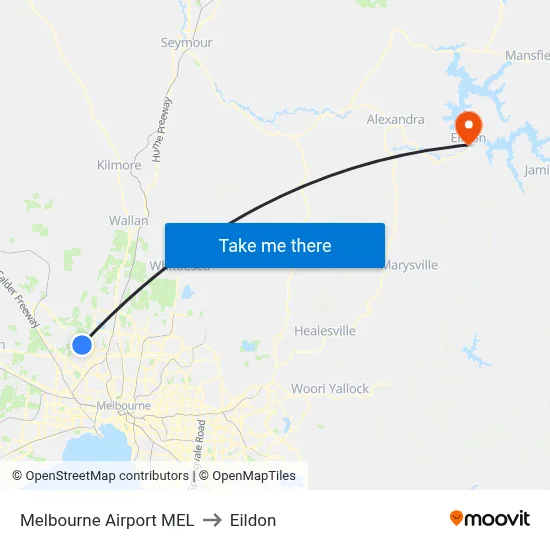 Melbourne Airport MEL to Eildon map