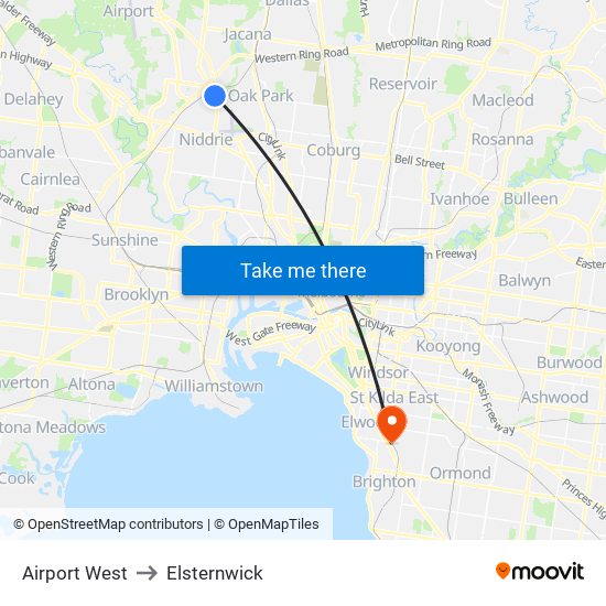 Airport West to Elsternwick map