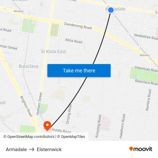 Armadale to Elsternwick map