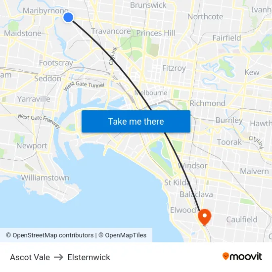 Ascot Vale to Elsternwick map