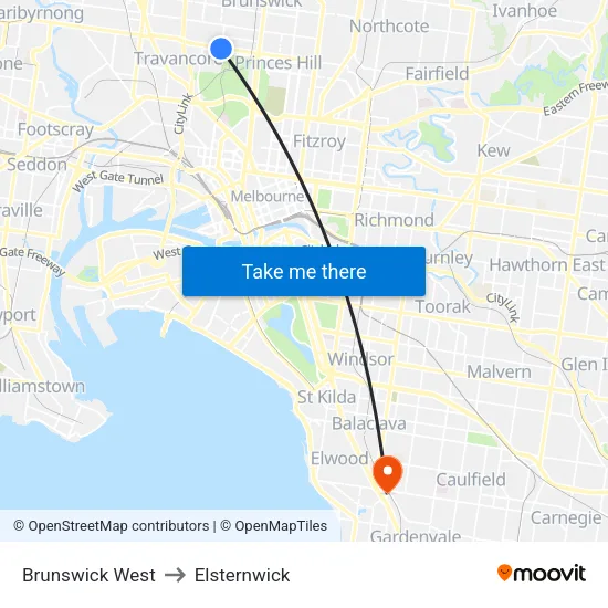 Brunswick West to Elsternwick map