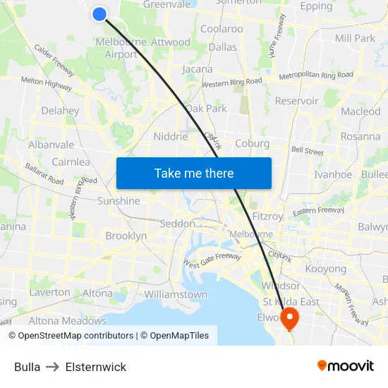 Bulla to Elsternwick map