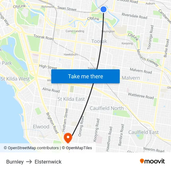 Burnley to Elsternwick map