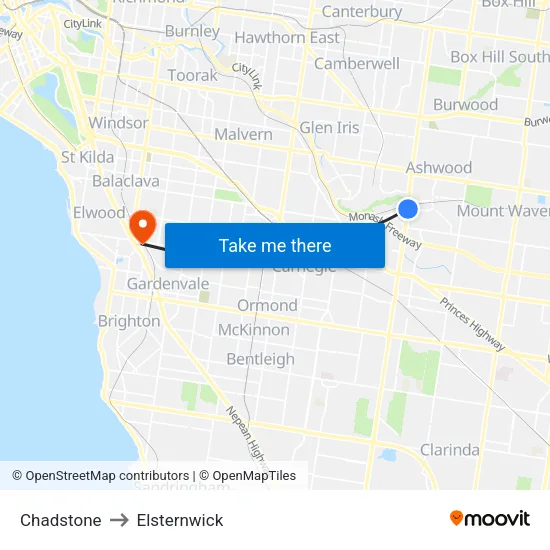 Chadstone to Elsternwick map