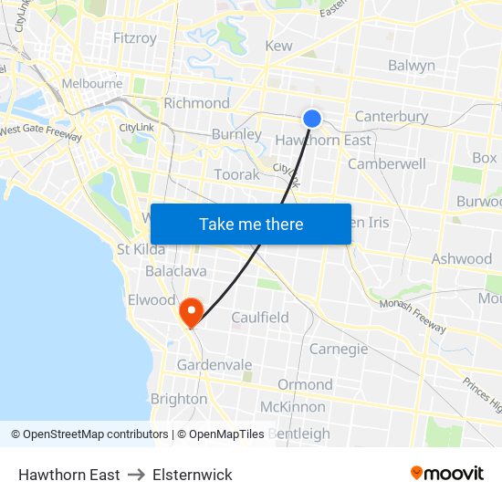 Hawthorn East to Elsternwick map