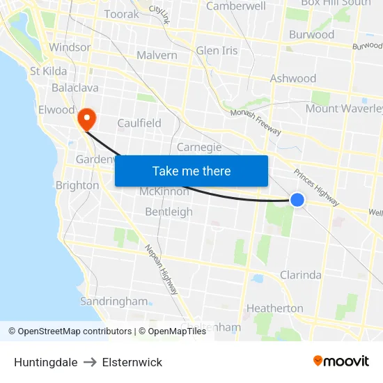 Huntingdale to Elsternwick map