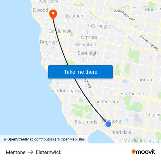 Mentone to Elsternwick map