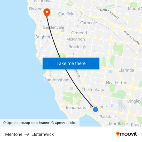 Mentone to Elsternwick map