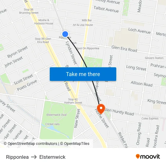Ripponlea to Elsternwick map