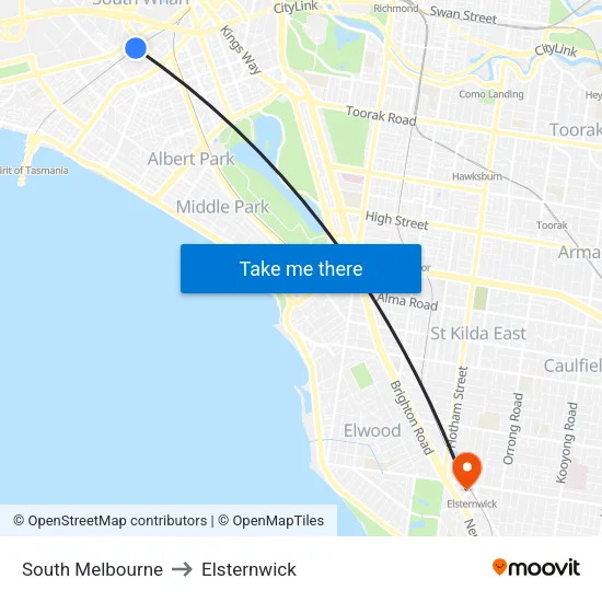 South Melbourne to Elsternwick map
