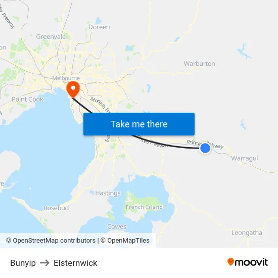 Bunyip to Elsternwick map