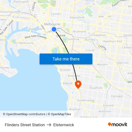 Flinders Street Station to Elsternwick map