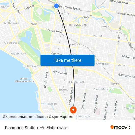 Richmond Station to Elsternwick map