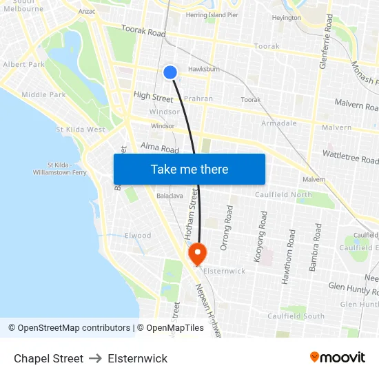 Chapel Street to Elsternwick map