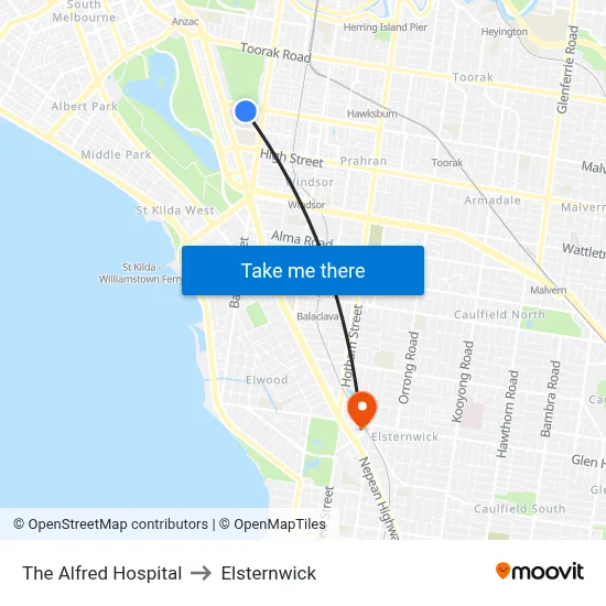 The Alfred Hospital to Elsternwick map