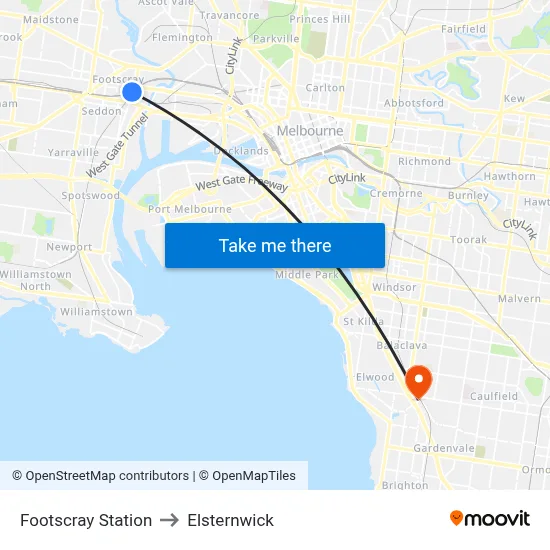 Footscray Station to Elsternwick map