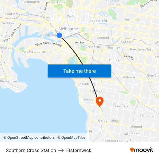 Southern Cross Station to Elsternwick map