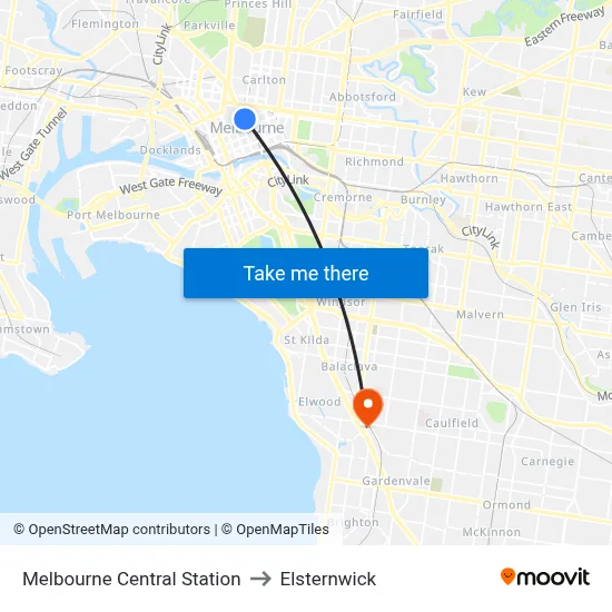 Melbourne Central Station to Elsternwick map