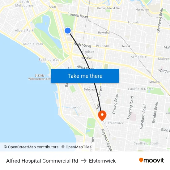 Alfred Hospital Commercial Rd to Elsternwick map