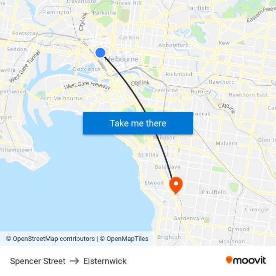 Spencer Street to Elsternwick map