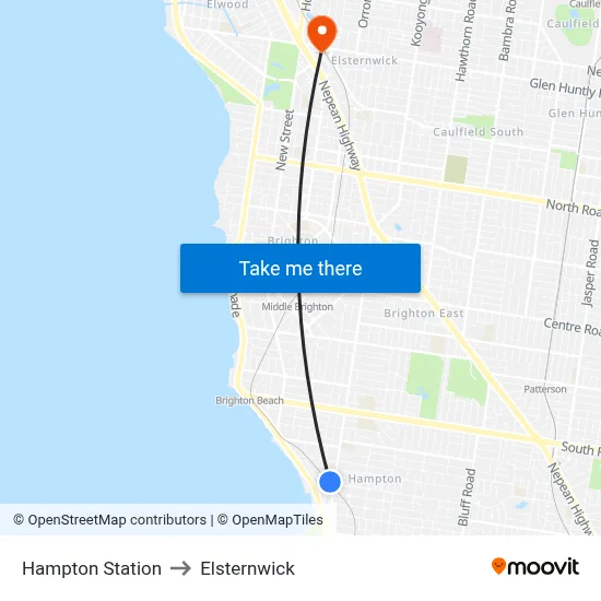 Hampton Station to Elsternwick map
