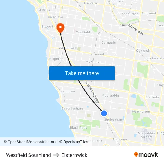 Westfield Southland to Elsternwick map