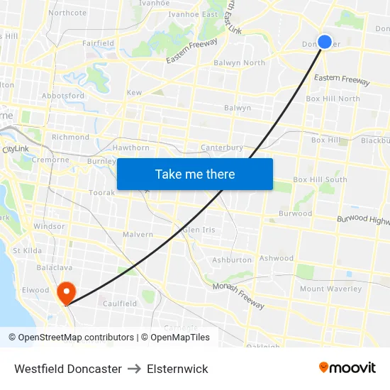 Westfield Doncaster to Elsternwick map