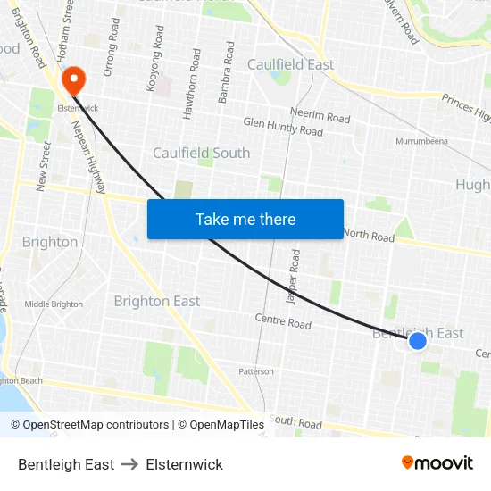 Bentleigh East to Elsternwick map
