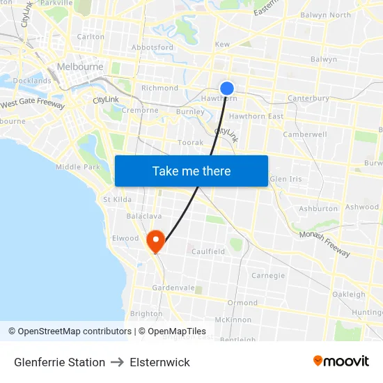 Glenferrie Station to Elsternwick map