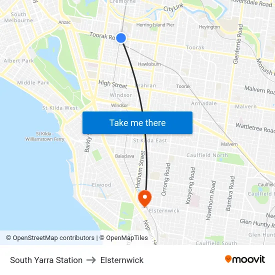 South Yarra Station to Elsternwick map