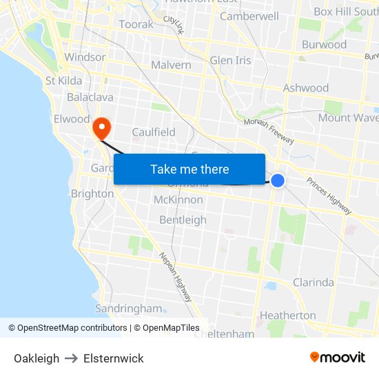 Oakleigh to Elsternwick map