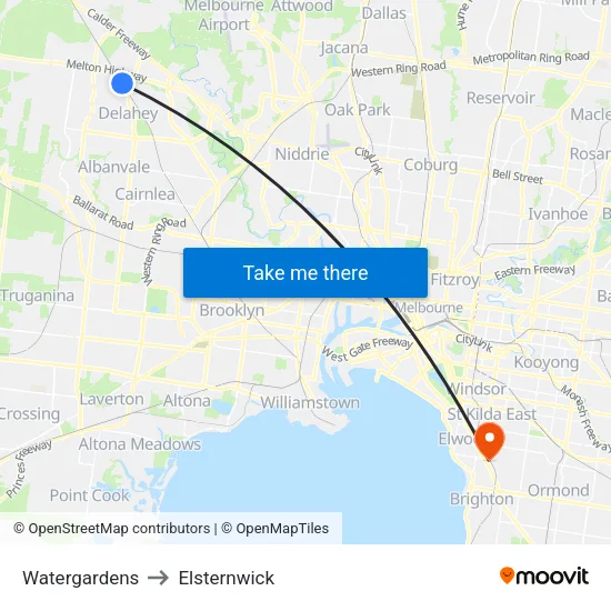 Watergardens to Elsternwick map