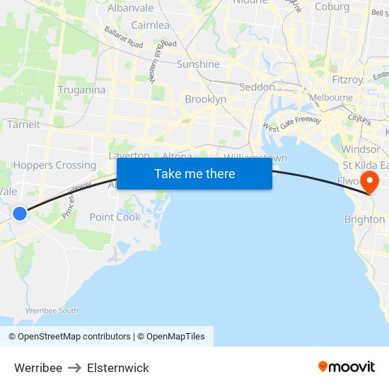 Werribee to Elsternwick map