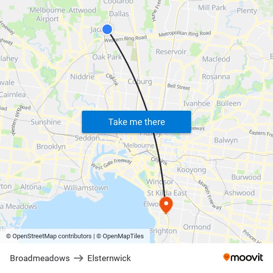 Broadmeadows to Elsternwick map