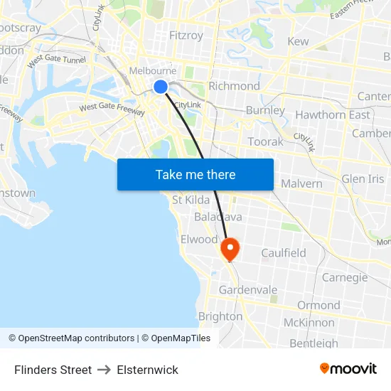 Flinders Street to Elsternwick map
