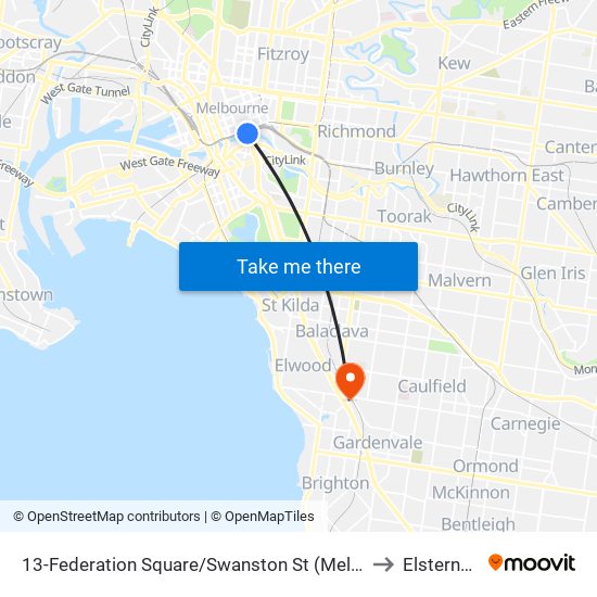 13-Federation Square/Swanston St (Melbourne City) to Elsternwick map