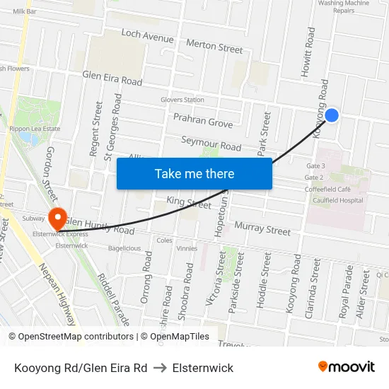 Kooyong Rd/Glen Eira Rd to Elsternwick map