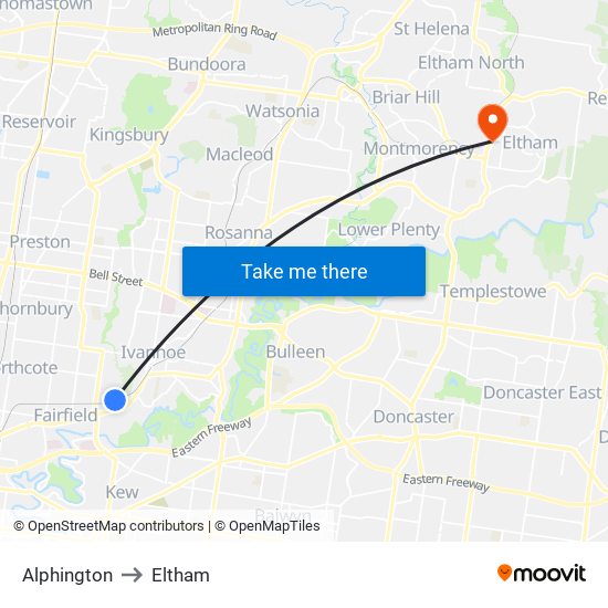 Alphington to Eltham map