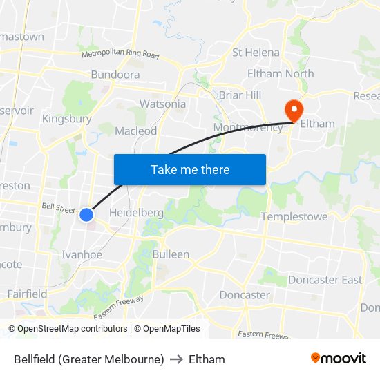 Bellfield (Greater Melbourne) to Eltham map
