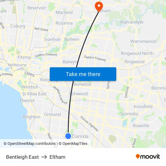 Bentleigh East to Eltham map