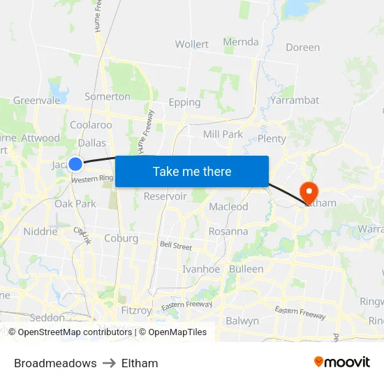Broadmeadows to Eltham map