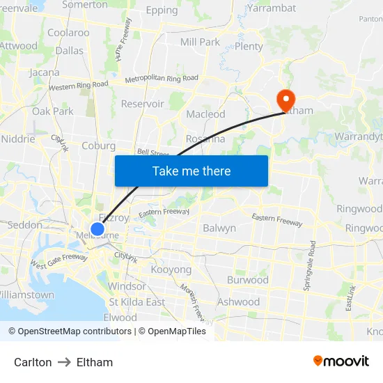 Carlton to Eltham map