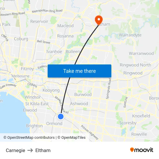 Carnegie to Eltham map