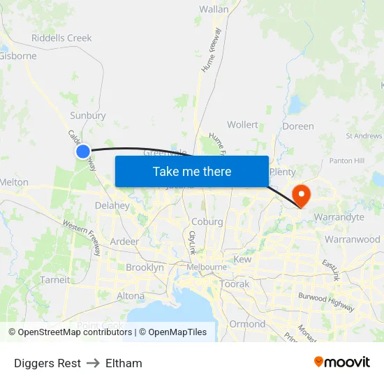 Diggers Rest to Eltham map