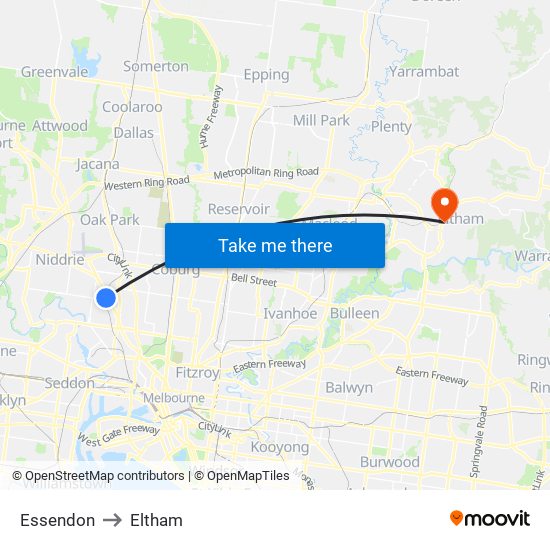 Essendon to Eltham map